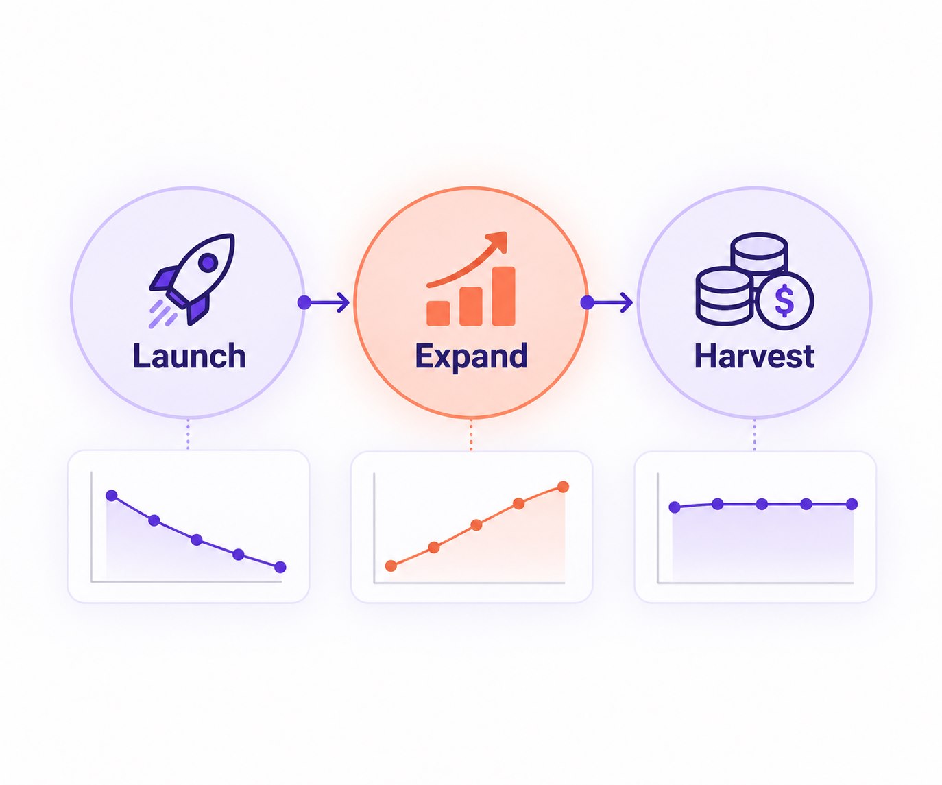 Launch, Expand and Harvest stages shown as three connected circles