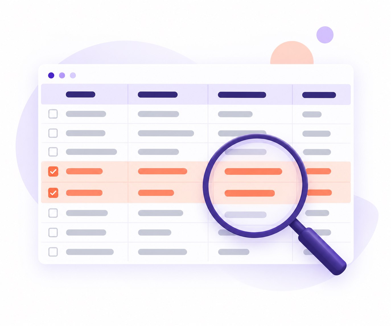 Spreadsheet with highlighted rows and a magnifying glass