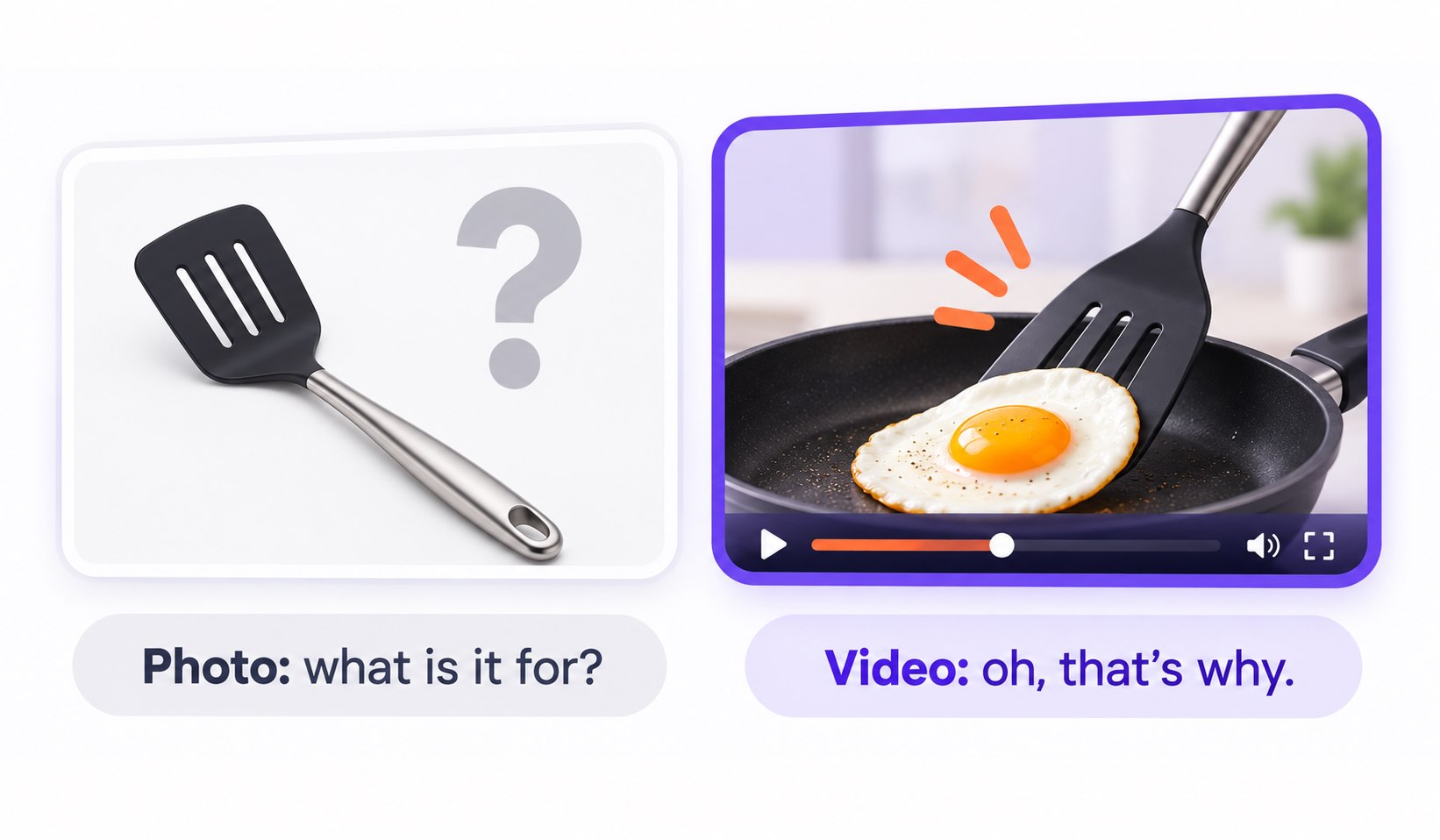 A still product photo is compared with a video frame showing the kitchen tool in action.
