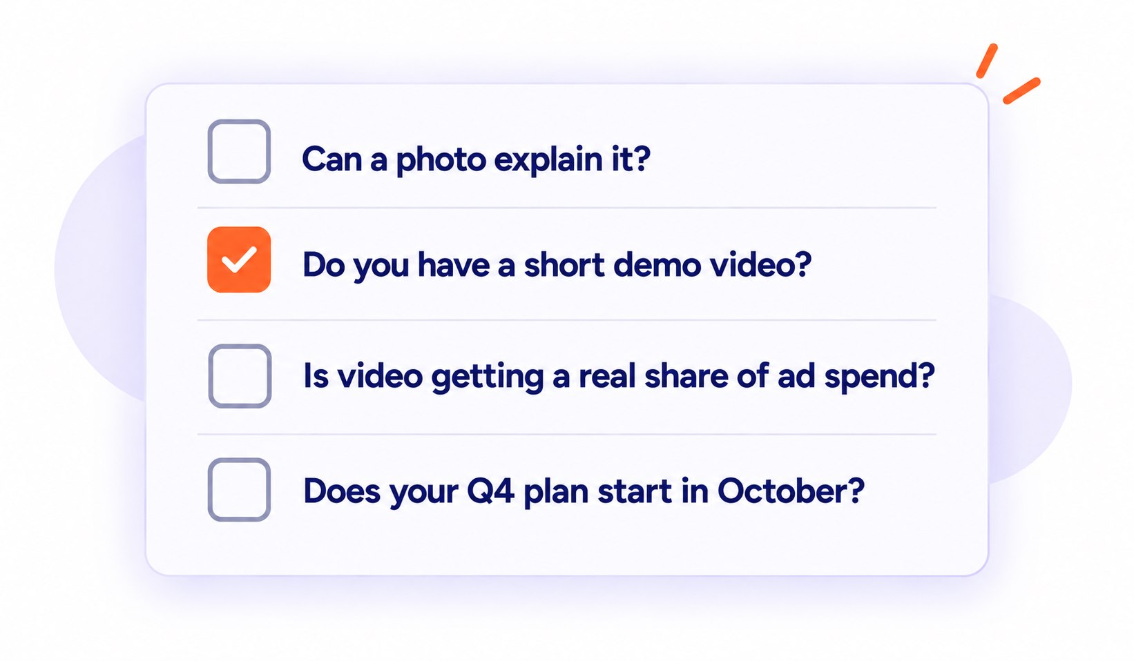 A four-point checklist asks whether photos explain the product, a demo video exists, video has a meaningful ad-budget share and the Q4 plan starts in October.