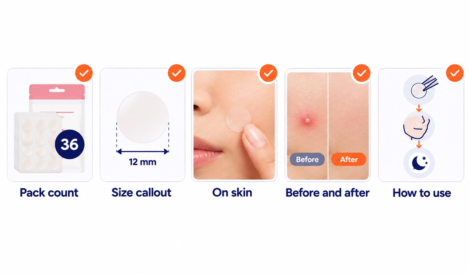Five gallery image jobs: pack count, size callout, on skin, before and after, and how to use.