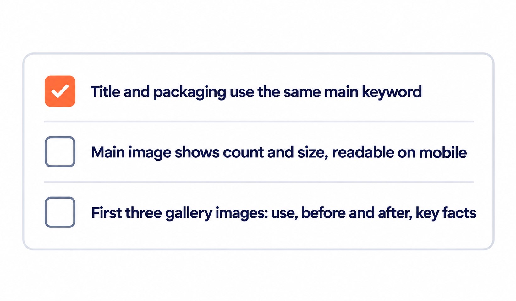 A three-point checklist covers matching the title and packaging keyword, a mobile-readable main image and useful gallery images.